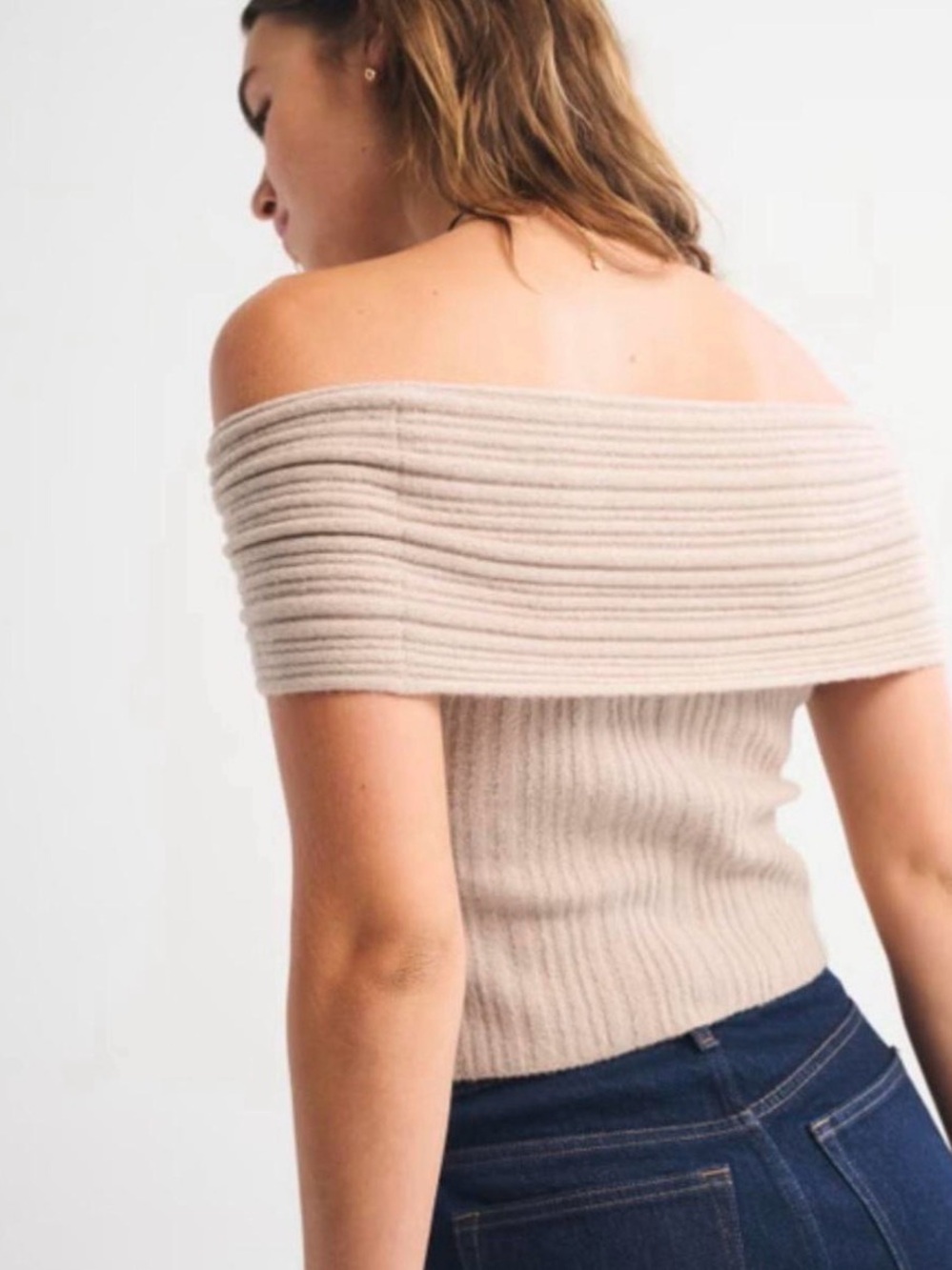 Off-Shoulder Ribbed Knit Sweater Top - Cream - Picture 2 of 4